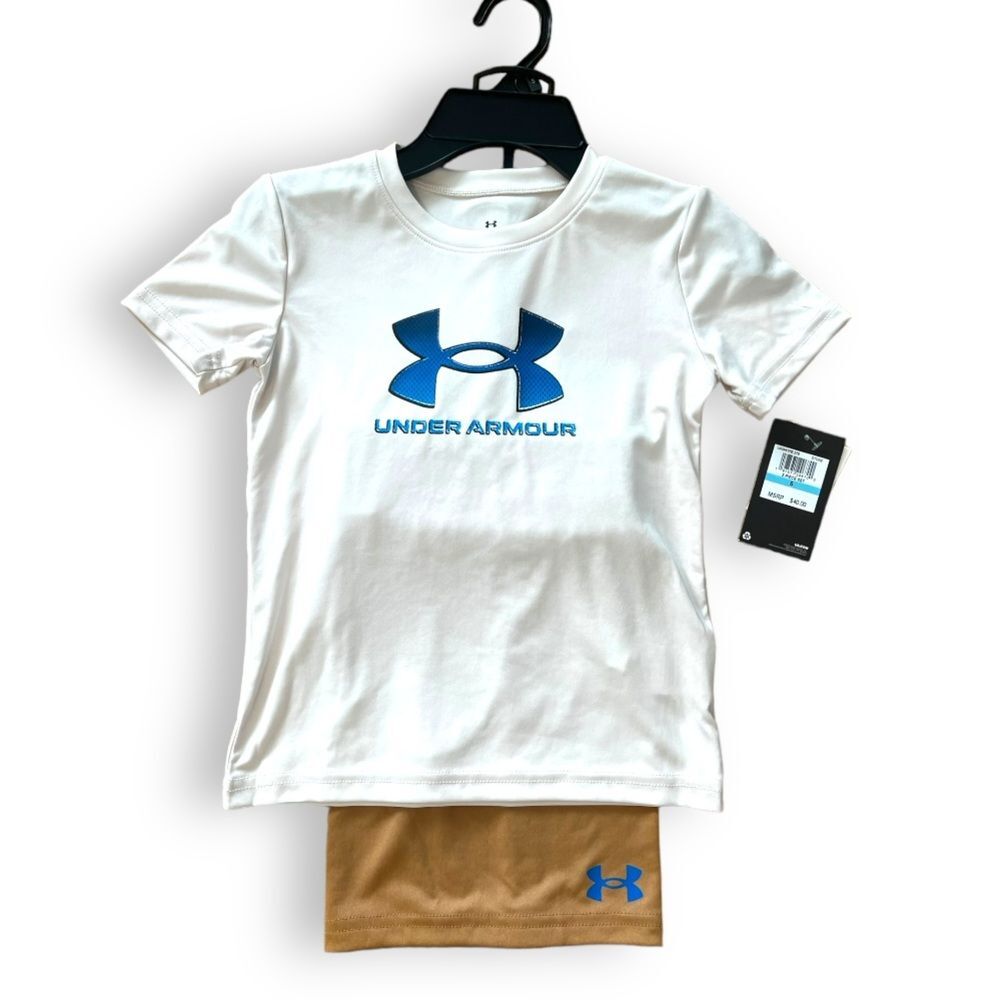 Under Amour Boys Short Shirt Set 2-Piece Set Casual Nubuck Tan White Size 5 NWT